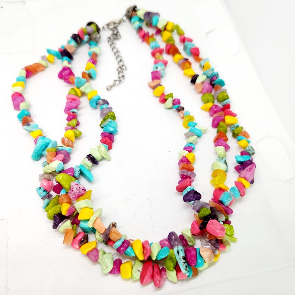 Vtg Multi Strand Necklace Choker Colorful Gem Stone Chips Beads Silver Tone Boho